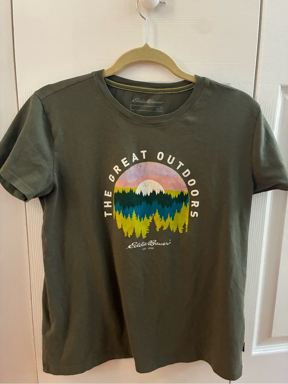 Eddie Bauer Olive Green Crewneck Tee with Yellow Stitching